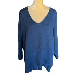 LA Fixsun Blue V-Neck Linen Tunic Top Size XL